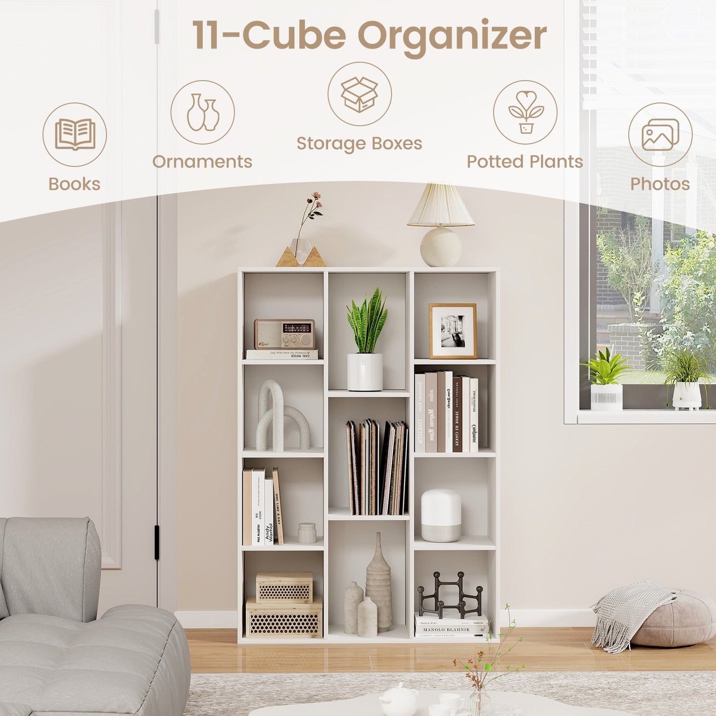 11-Cube Multifunctional Book Storage Organizer Display Cabinet with Anti-tipping Kits, White Bookcases   at Gallery Canada