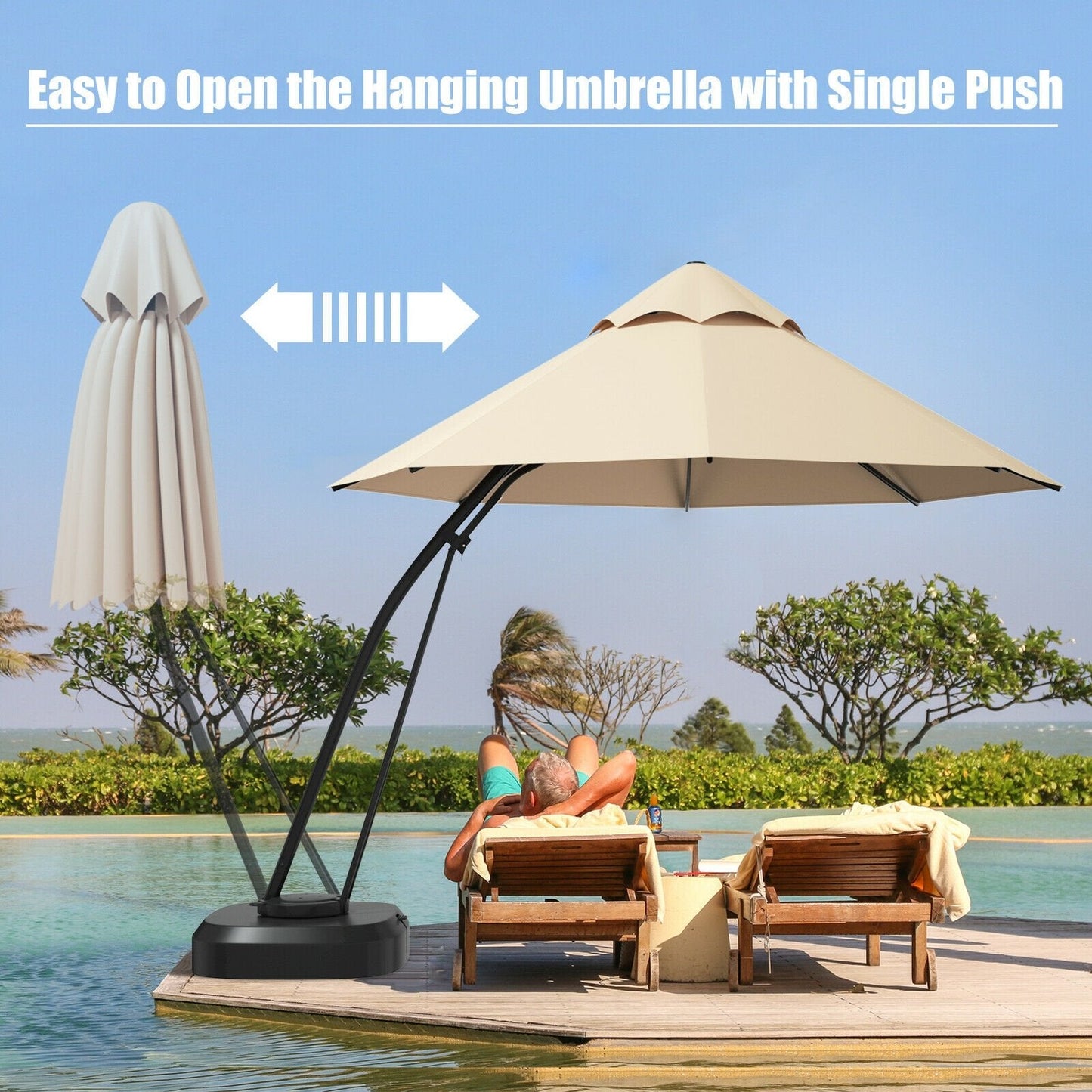 11 Feet Outdoor Cantilever Hanging Umbrella with Base and Wheels, Beige Outdoor Umbrellas   at Gallery Canada