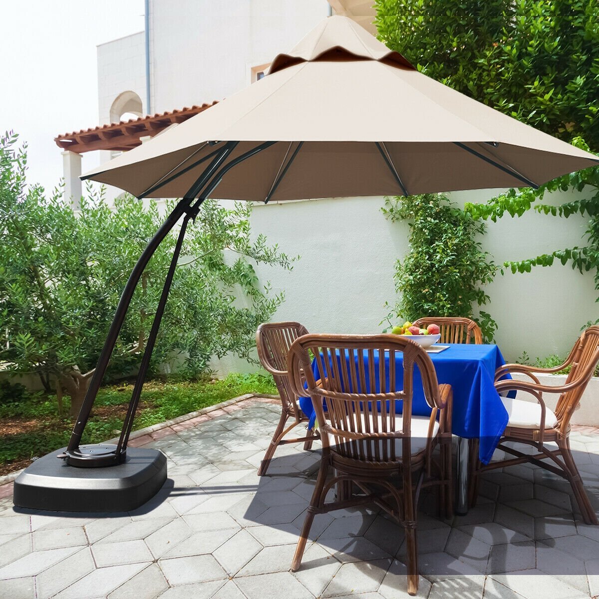 11 Feet Outdoor Cantilever Hanging Umbrella with Base and Wheels, Tan Outdoor Umbrellas   at Gallery Canada