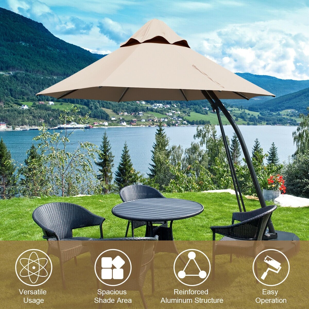 11 Feet Outdoor Cantilever Hanging Umbrella with Base and Wheels, Tan Outdoor Umbrellas   at Gallery Canada