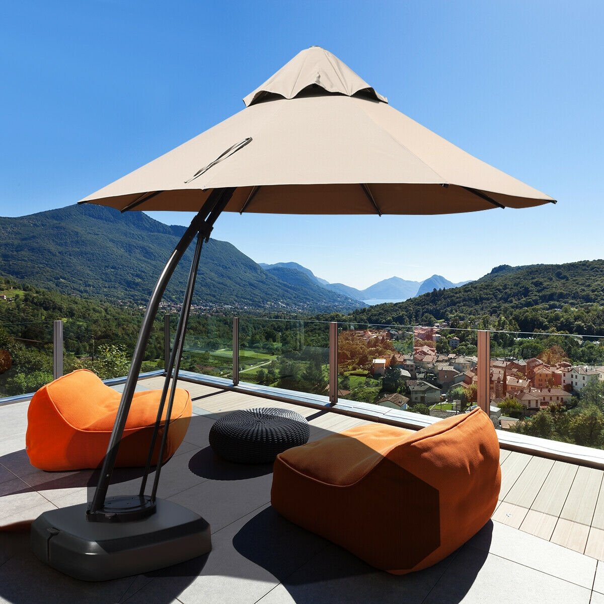 11 Feet Outdoor Cantilever Hanging Umbrella with Base and Wheels, Tan Outdoor Umbrellas   at Gallery Canada