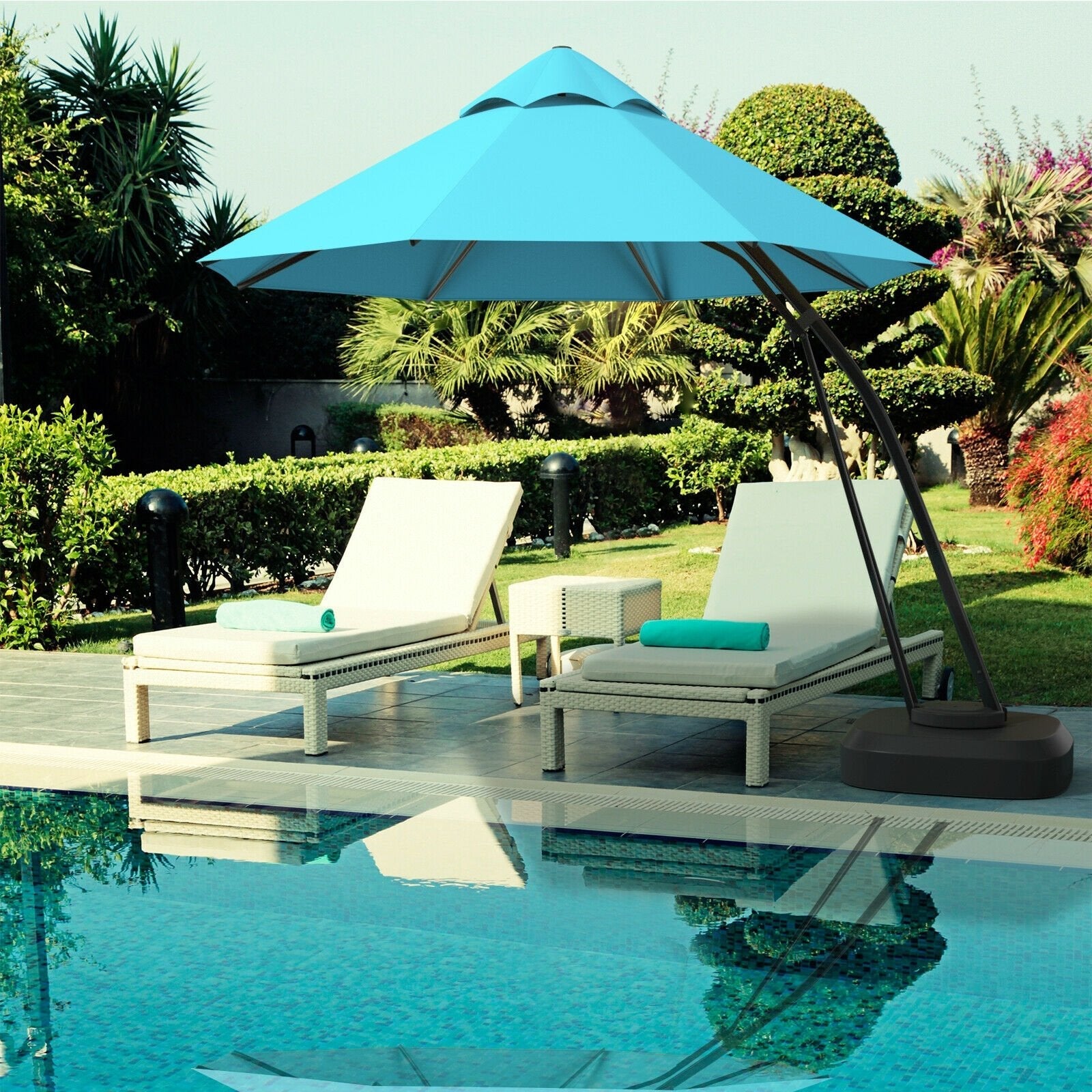 11 Feet Outdoor Cantilever Hanging Umbrella with Base and Wheels, Turquoise Outdoor Umbrellas   at Gallery Canada