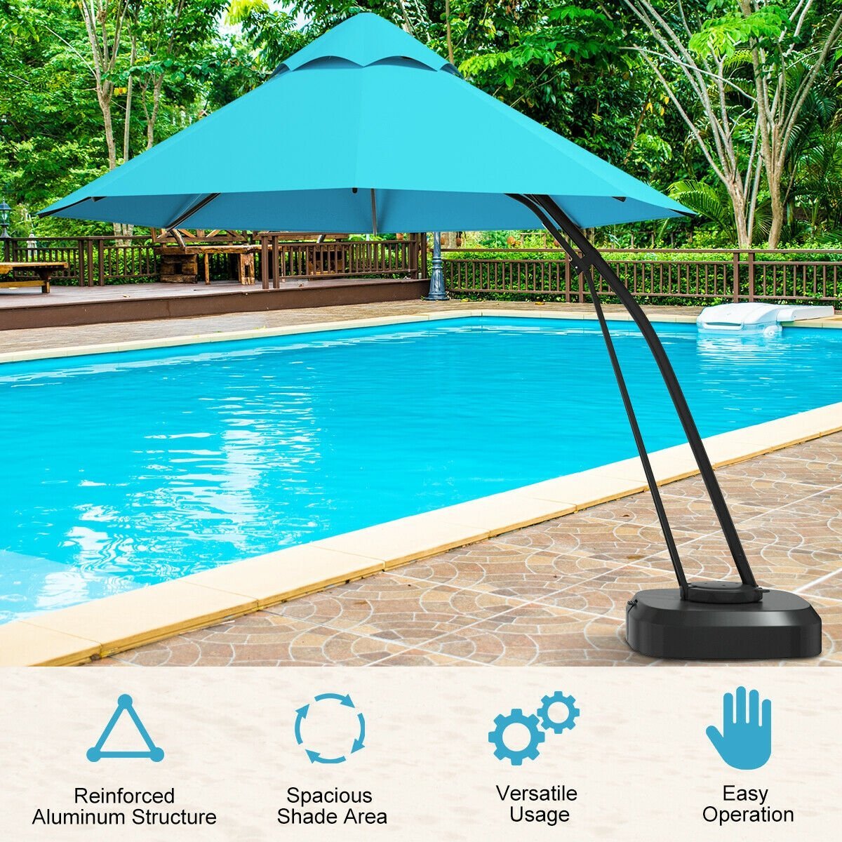 11 Feet Outdoor Cantilever Hanging Umbrella with Base and Wheels, Turquoise Outdoor Umbrellas   at Gallery Canada