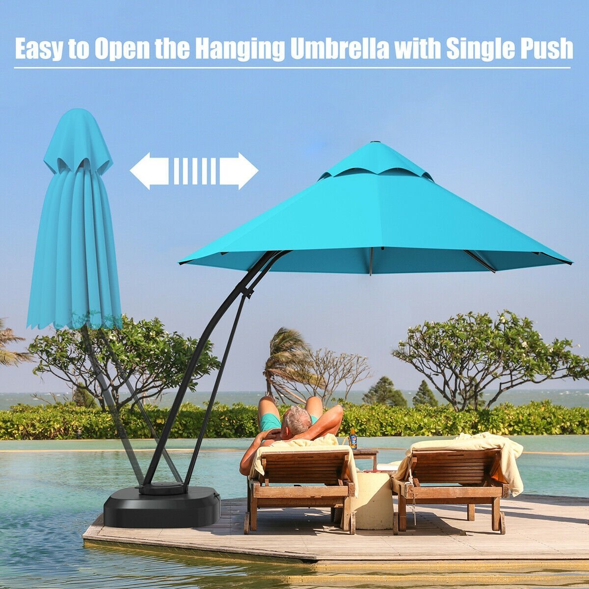 11 Feet Outdoor Cantilever Hanging Umbrella with Base and Wheels, Turquoise Outdoor Umbrellas   at Gallery Canada