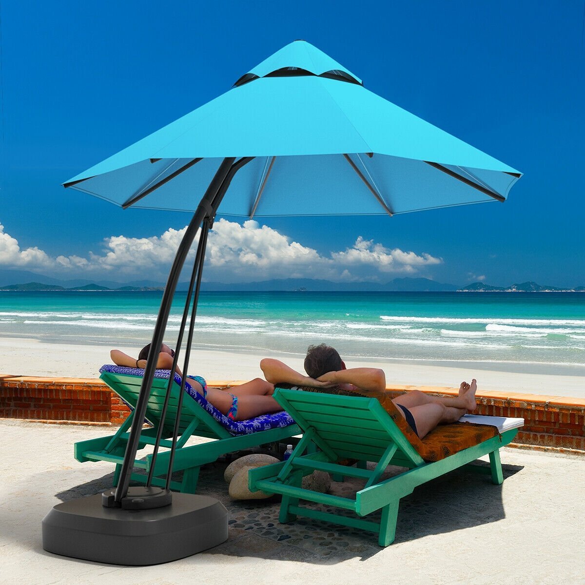 11 Feet Outdoor Cantilever Hanging Umbrella with Base and Wheels, Turquoise Outdoor Umbrellas   at Gallery Canada