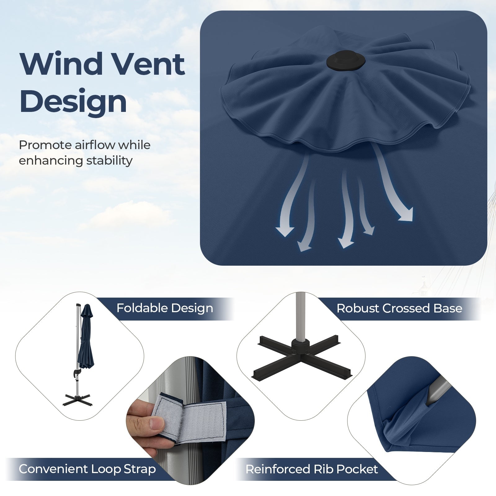 11 FT Outdoor Patio Umbrella with 360° Rotation and Adjustable Tilt, Navy Outdoor Umbrellas   at Gallery Canada