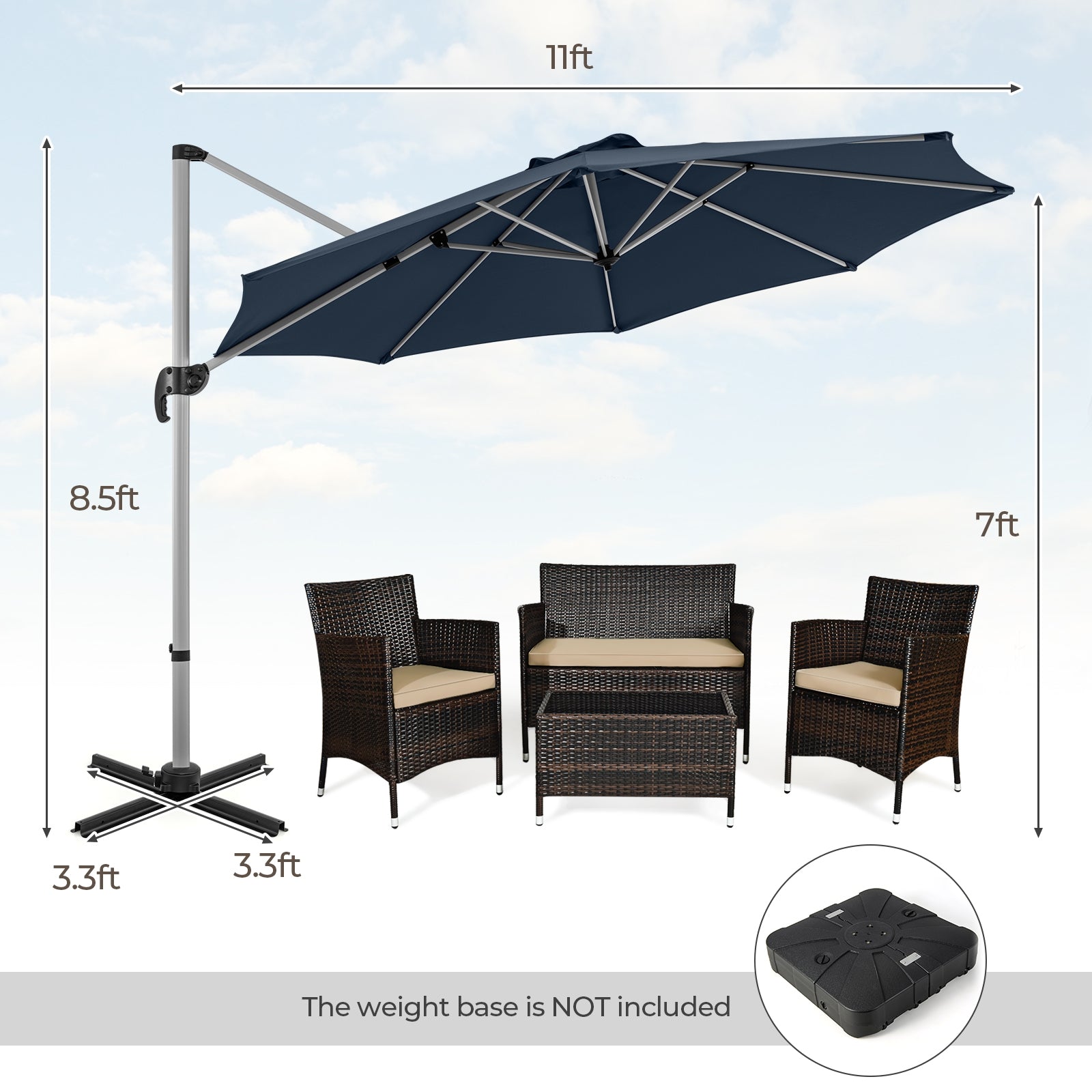 11 FT Outdoor Patio Umbrella with 360° Rotation and Adjustable Tilt, Navy Outdoor Umbrellas   at Gallery Canada