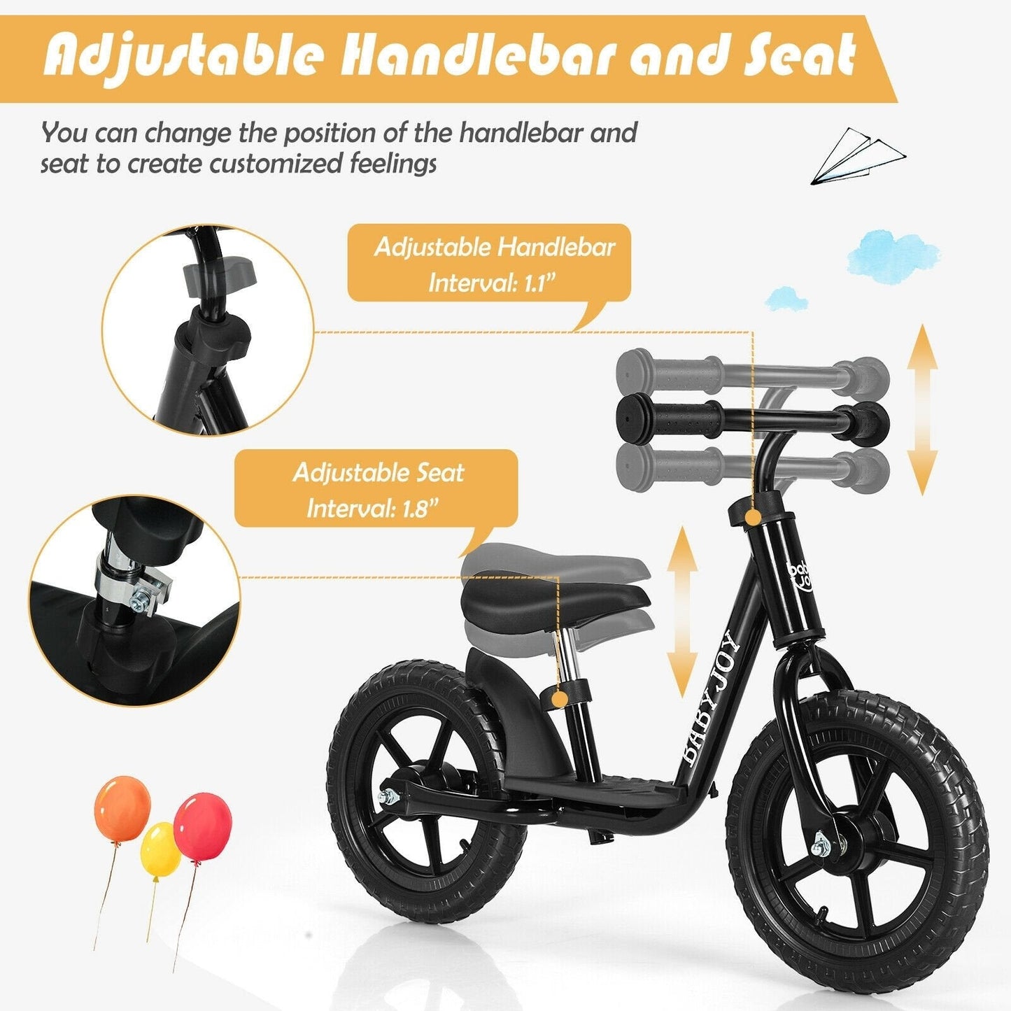 11 Inch Kids No Pedal Balance Training Bike with Footrest, Black Balance Bikes   at Gallery Canada