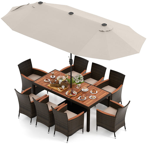 11 Pieces Patio Dining Set with 15 Feet Double-Sided Patio Umbrella and Base, Beige