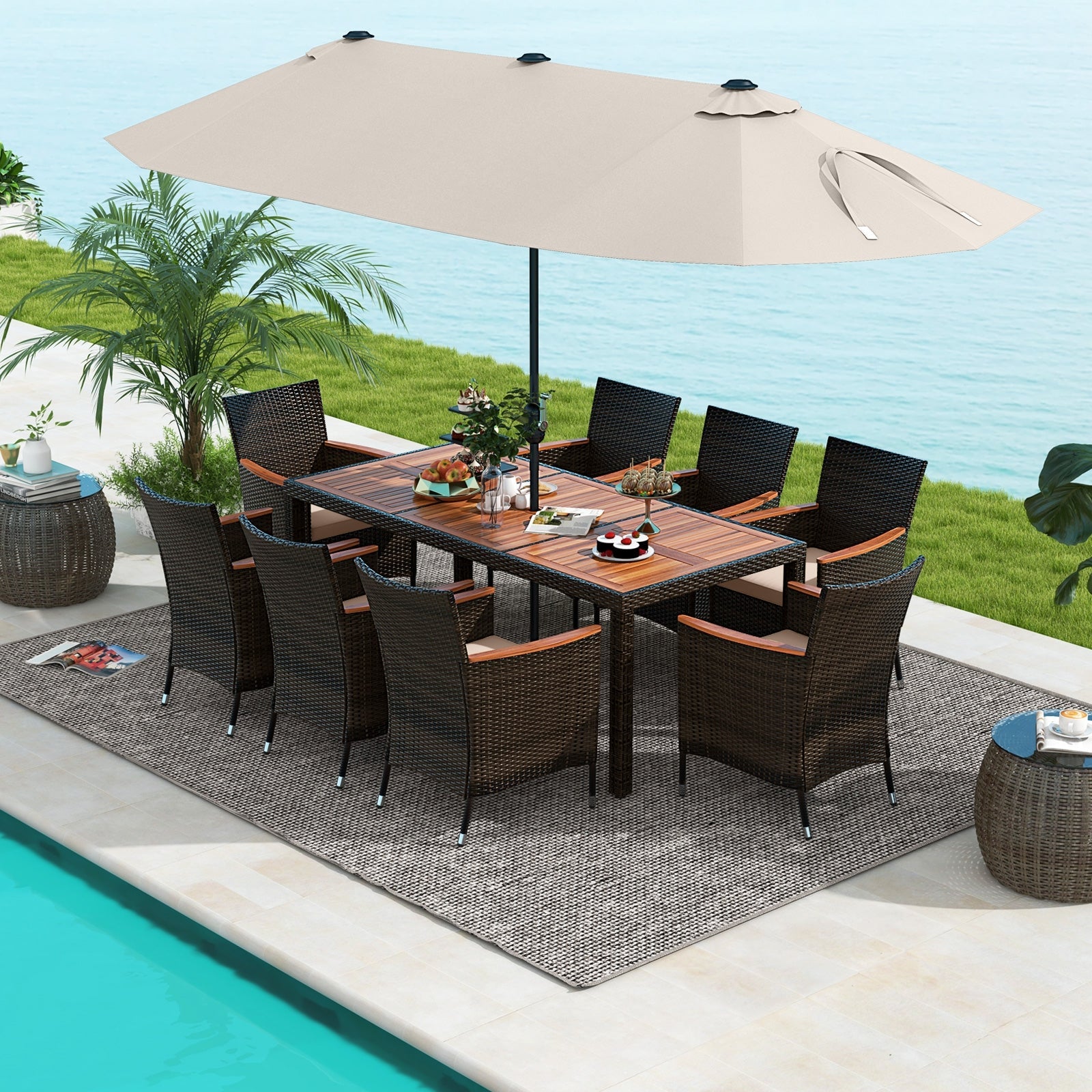 11 Pieces Patio Dining Set with 15 Feet Double-Sided Patio Umbrella and Base, Beige Patio Dining Sets   at Gallery Canada