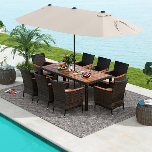 11 Pieces Patio Dining Set with 15 Feet Double-Sided Patio Umbrella and Base, Beige