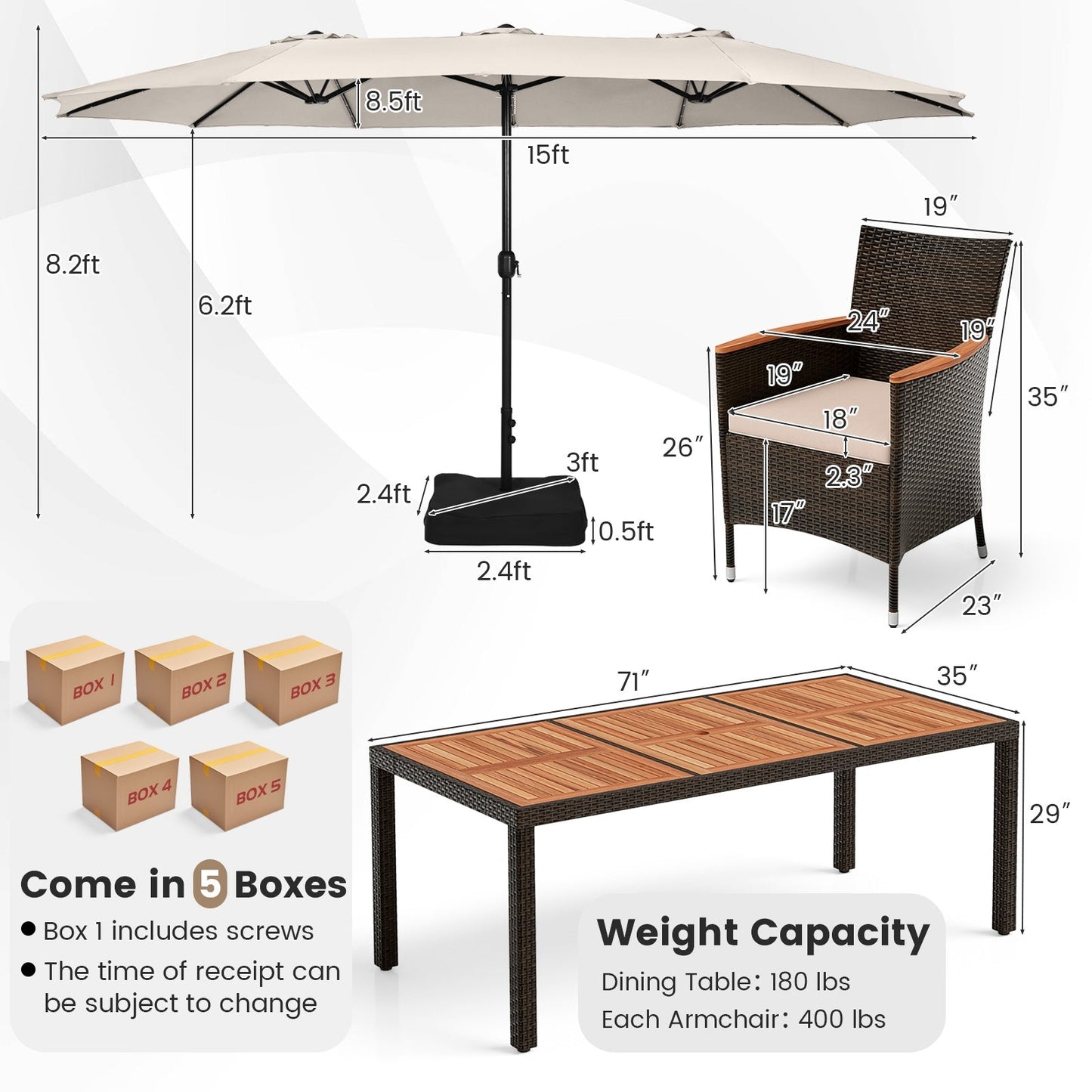 11 Pieces Patio Dining Set with 15 Feet Double-Sided Patio Umbrella and Base, Beige Patio Dining Sets   at Gallery Canada