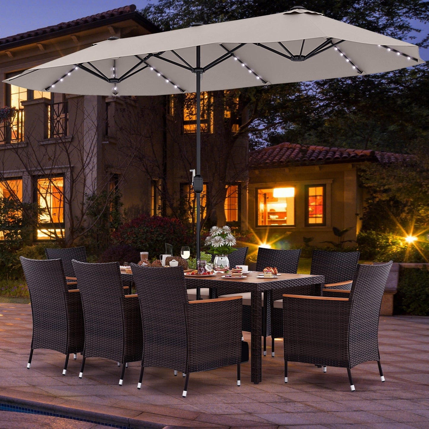 11 Pieces Patio Dining Set with 15 Feet Double-Sided Patio Umbrella and Base, Beige Patio Dining Sets   at Gallery Canada