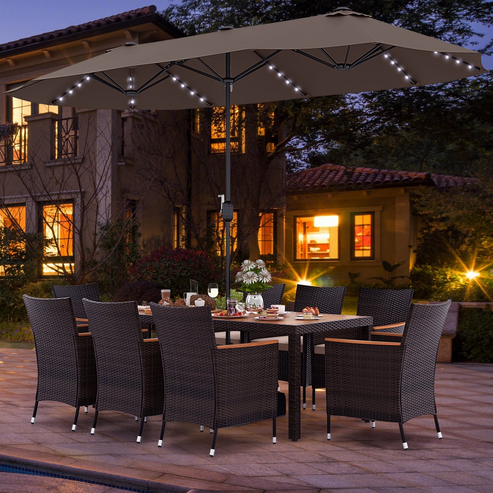 11 Pieces Patio Dining Set with 15 Feet Double-Sided Patio Umbrella and Base, Coffee Patio Dining Sets   at Gallery Canada