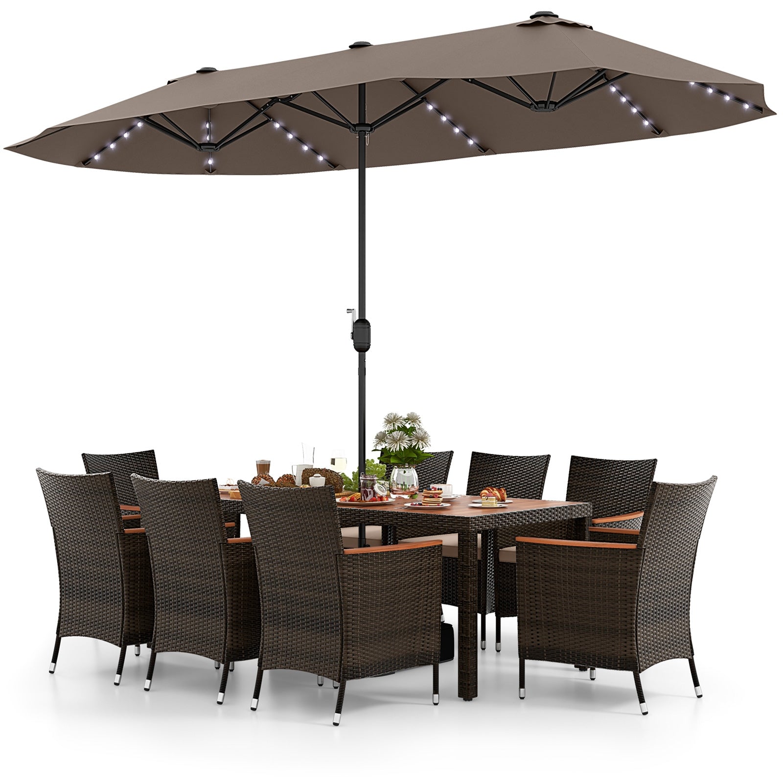 11 Pieces Patio Dining Set with 15 Feet Double-Sided Patio Umbrella and Base, Coffee Patio Dining Sets   at Gallery Canada