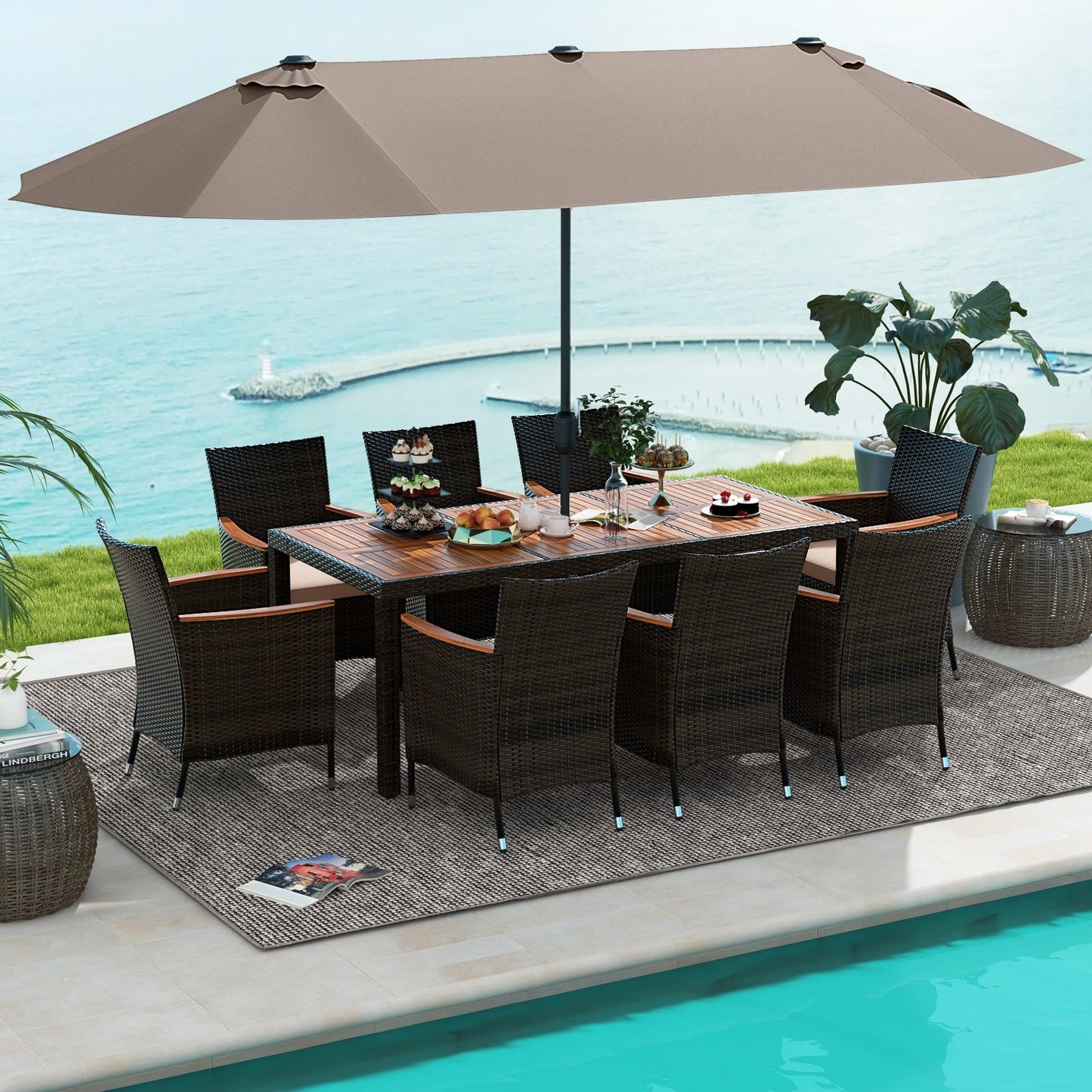 11 Pieces Patio Dining Set with 15 Feet Double-Sided Patio Umbrella and Base, Coffee Patio Dining Sets   at Gallery Canada