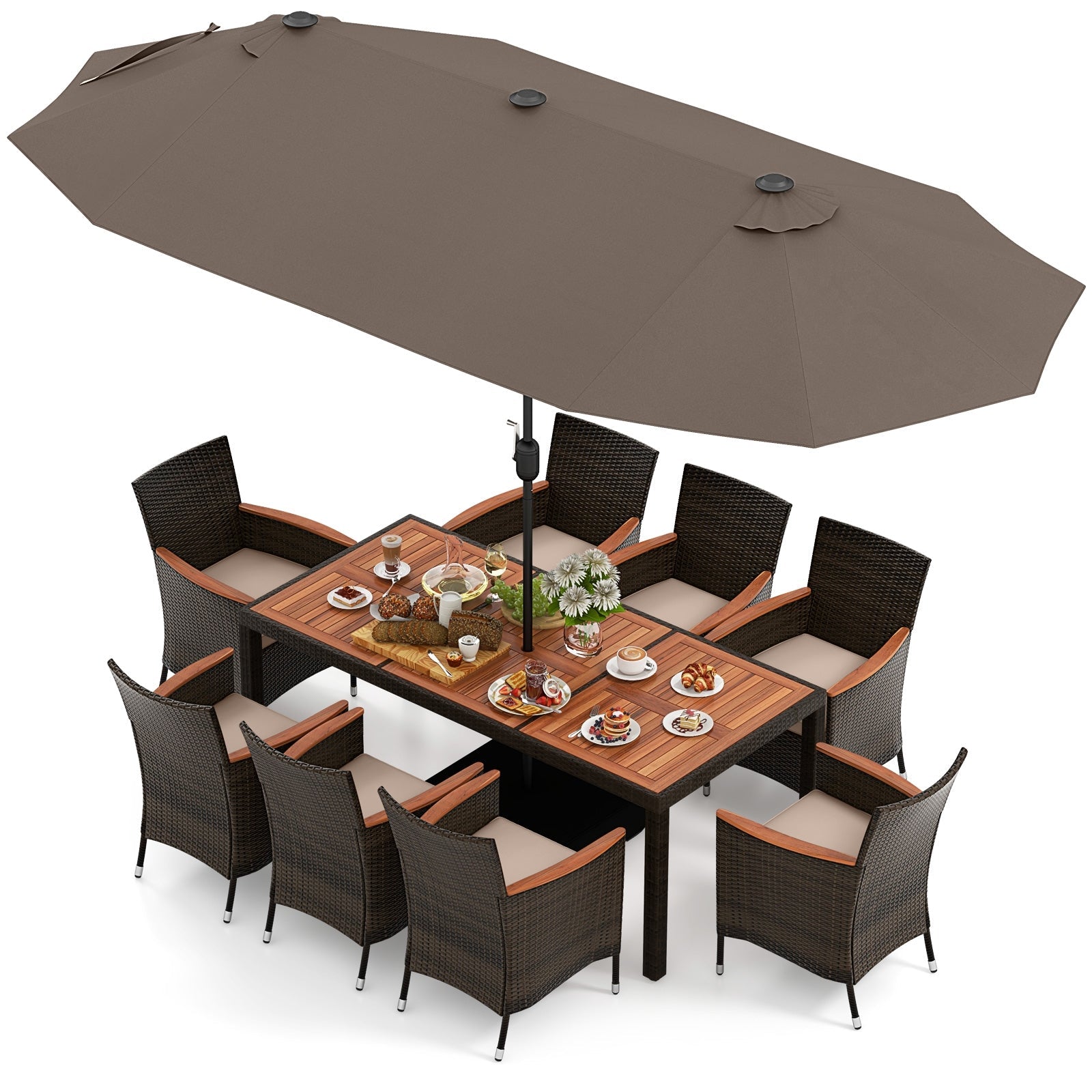 11 Pieces Patio Dining Set with 15 Feet Double-Sided Patio Umbrella and Base, Coffee Patio Dining Sets Coffee  at Gallery Canada