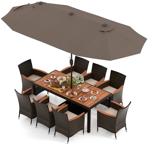 11 Pieces Patio Dining Set with 15 Feet Double-Sided Patio Umbrella and Base, Coffee
