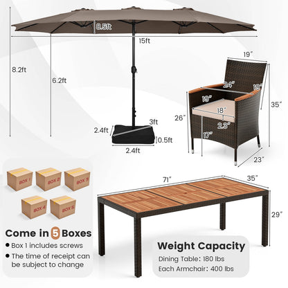 11 Pieces Patio Dining Set with 15 Feet Double-Sided Patio Umbrella and Base, Coffee Patio Dining Sets   at Gallery Canada