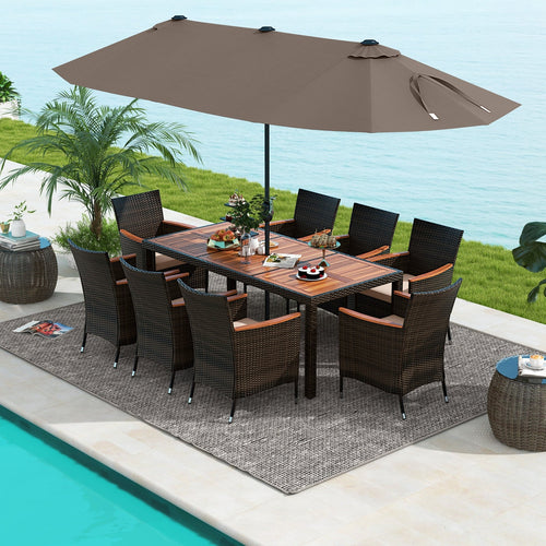 11 Pieces Patio Dining Set with 15 Feet Double-Sided Patio Umbrella and Base, Coffee