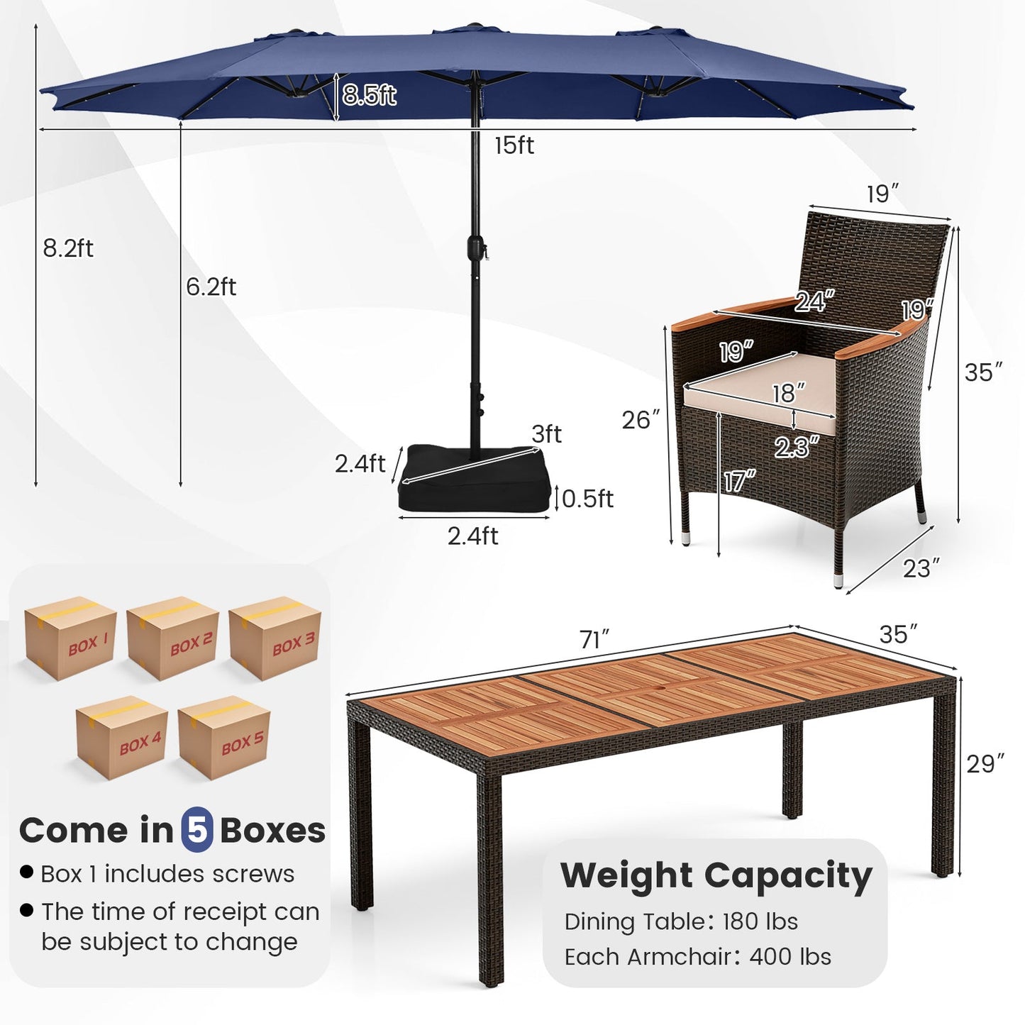 11 Pieces Patio Dining Set with 15 Feet Double-Sided Patio Umbrella and Base, Navy Patio Dining Sets   at Gallery Canada