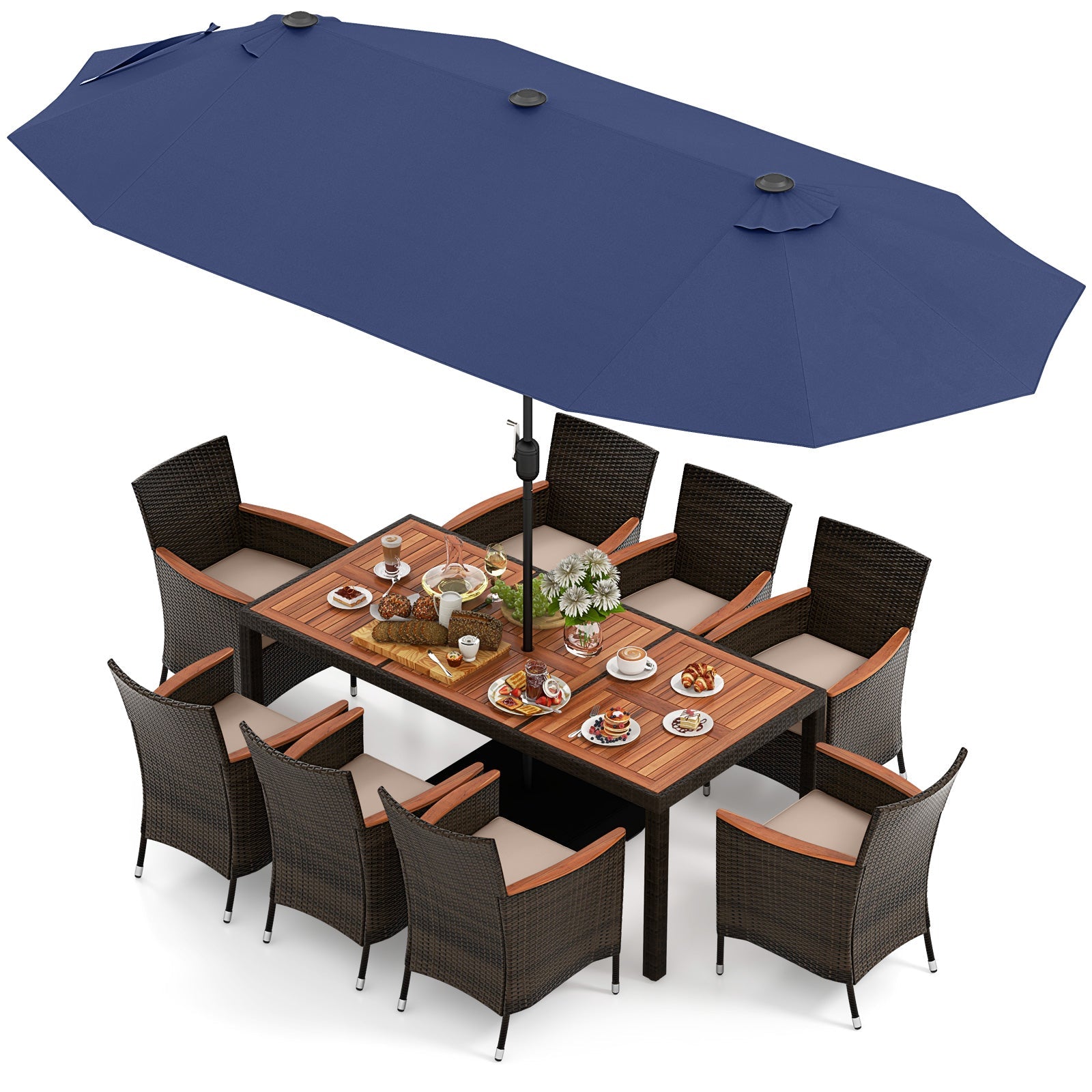 11 Pieces Patio Dining Set with 15 Feet Double-Sided Patio Umbrella and Base, Navy Patio Dining Sets Navy  at Gallery Canada