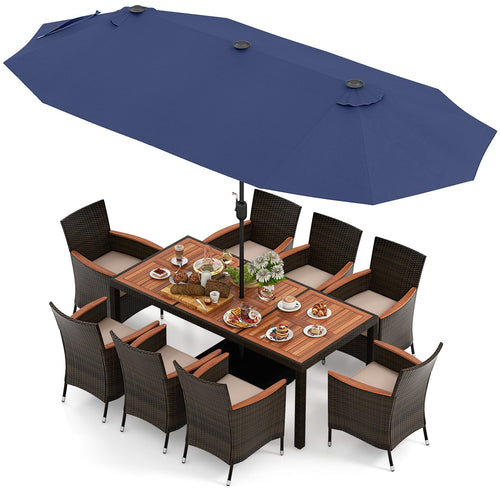 11 Pieces Patio Dining Set with 15 Feet Double-Sided Patio Umbrella and Base, Navy