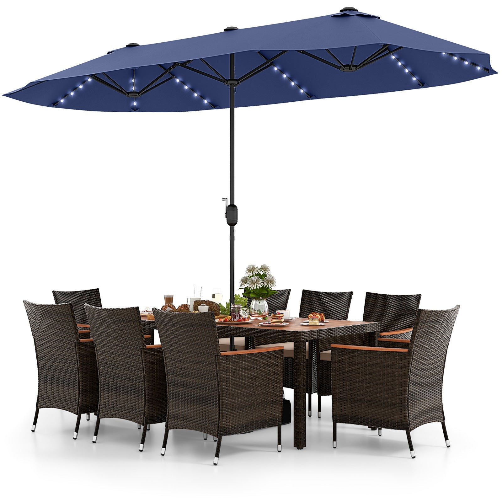 11 Pieces Patio Dining Set with 15 Feet Double-Sided Patio Umbrella and Base, Navy Patio Dining Sets   at Gallery Canada