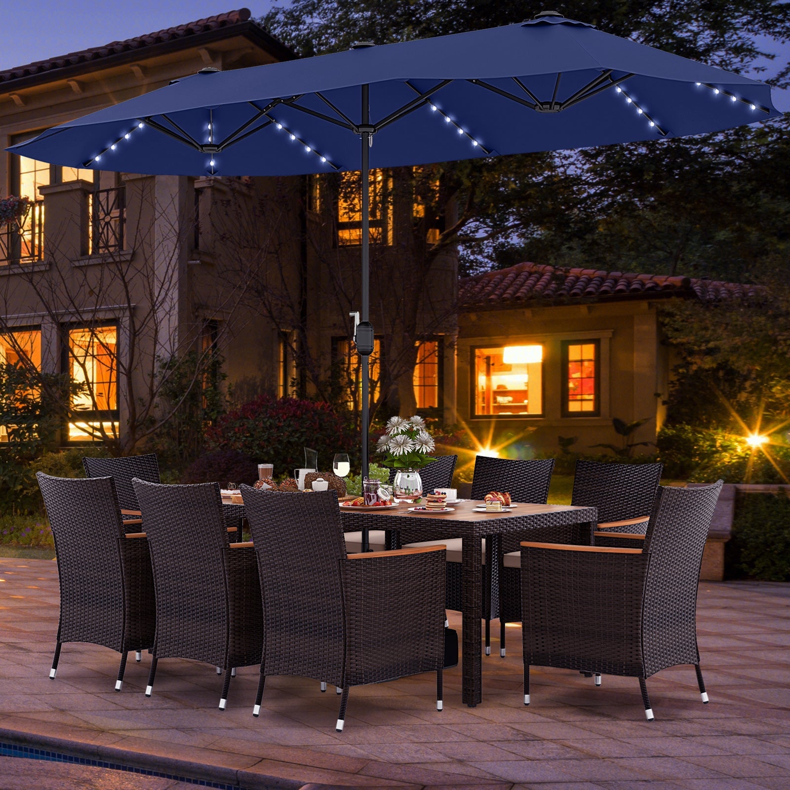 11 Pieces Patio Dining Set with 15 Feet Double-Sided Patio Umbrella and Base, Navy Patio Dining Sets   at Gallery Canada