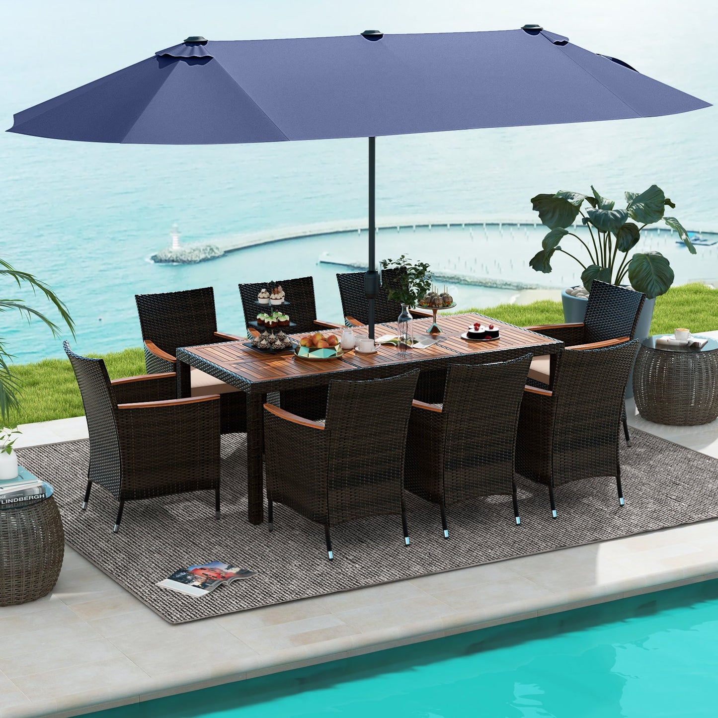 11 Pieces Patio Dining Set with 15 Feet Double-Sided Patio Umbrella and Base, Navy Patio Dining Sets   at Gallery Canada