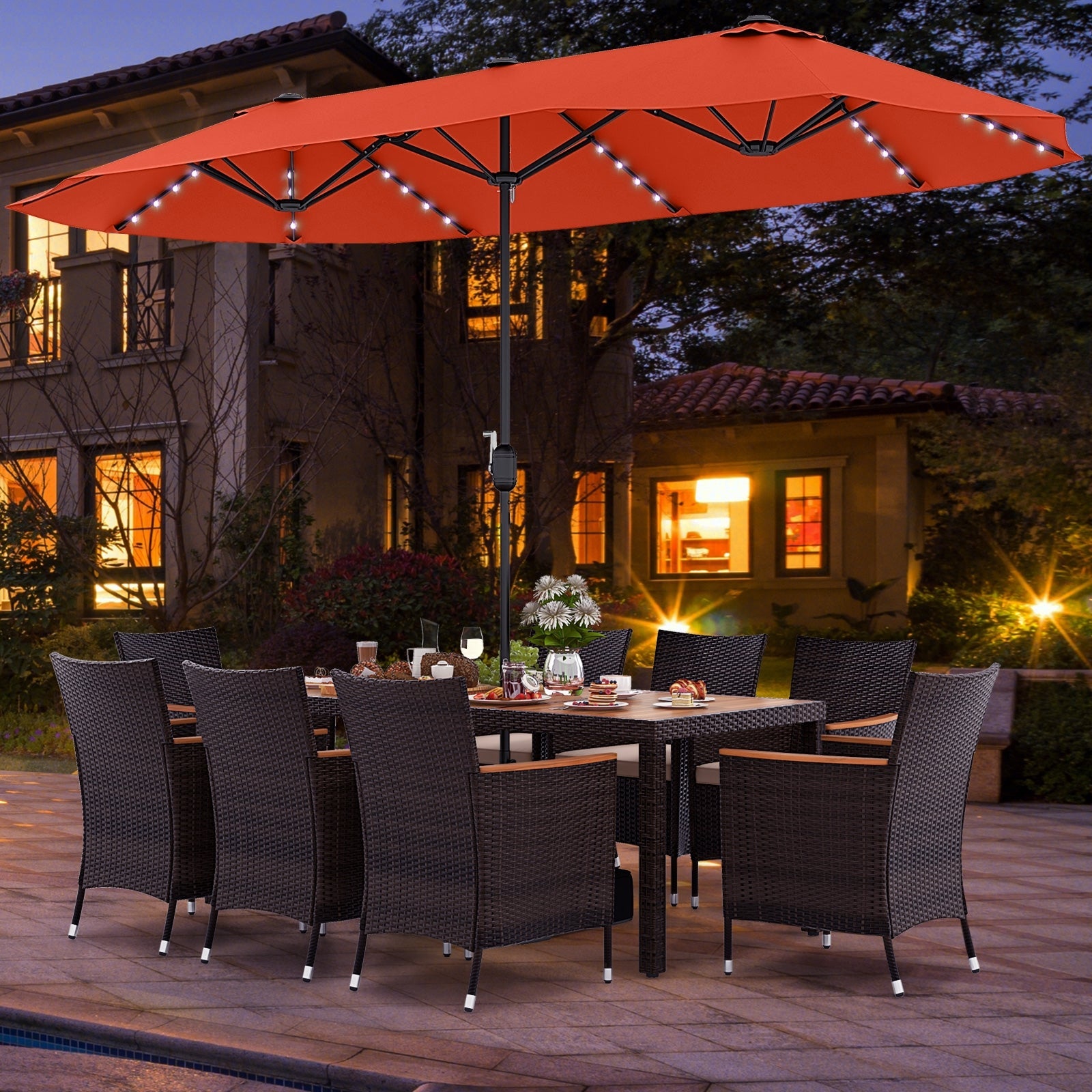 11 Pieces Patio Dining Set with 15 Feet Double-Sided Patio Umbrella and Base, Orange Patio Dining Sets   at Gallery Canada