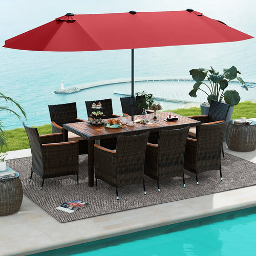 11 Pieces Patio Dining Set with 15 Feet Double-Sided Patio Umbrella and Base, Wine