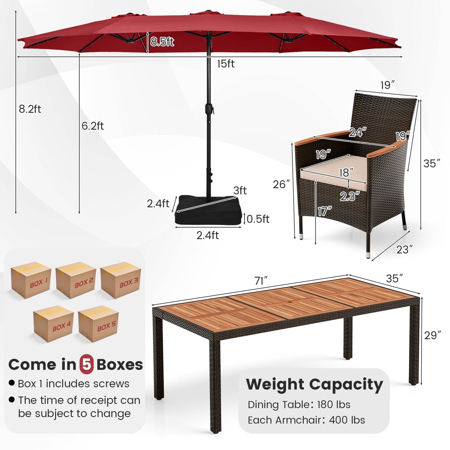 11 Pieces Patio Dining Set with 15 Feet Double-Sided Patio Umbrella and Base, Wine Patio Dining Sets   at Gallery Canada