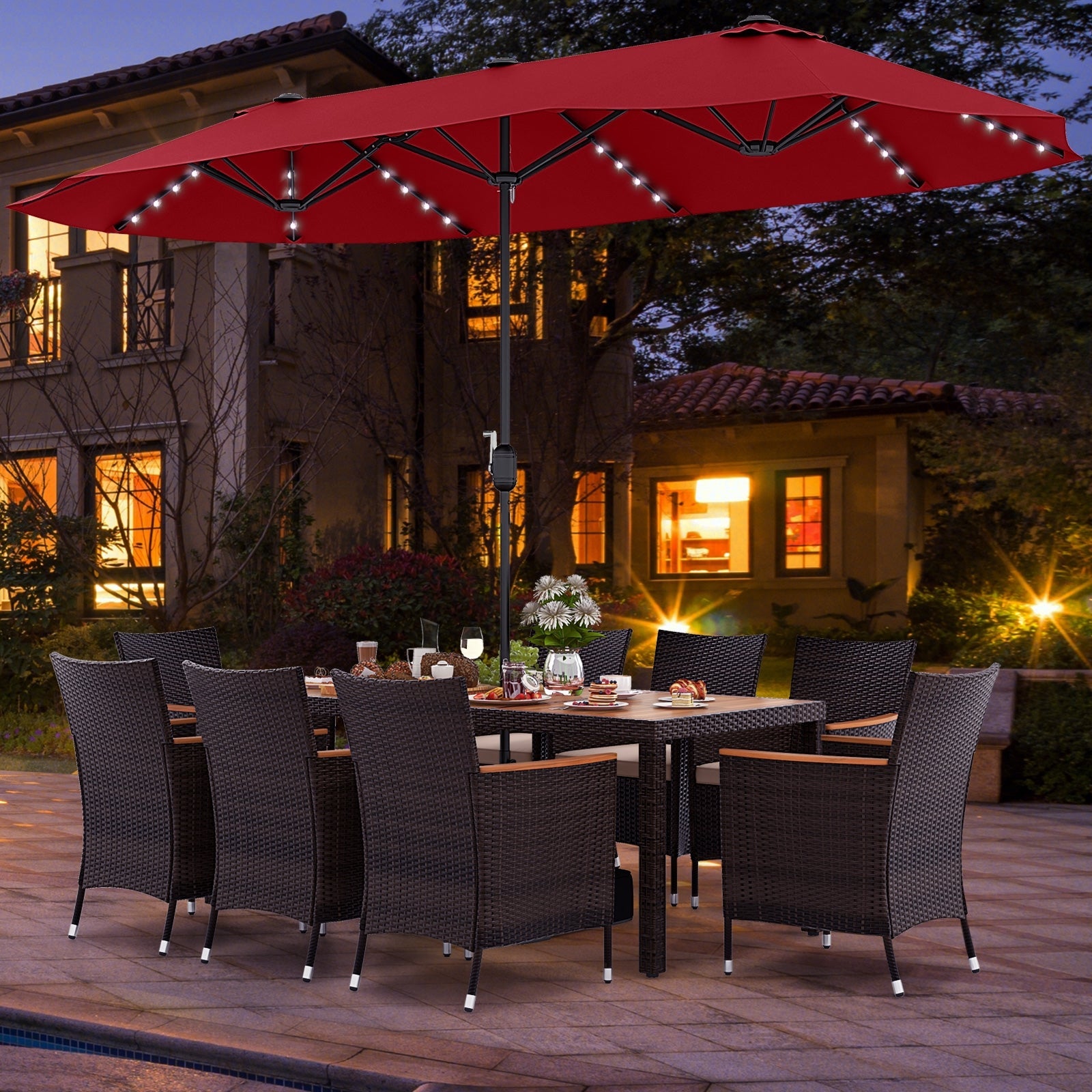 11 Pieces Patio Dining Set with 15 Feet Double-Sided Patio Umbrella and Base, Wine Patio Dining Sets   at Gallery Canada