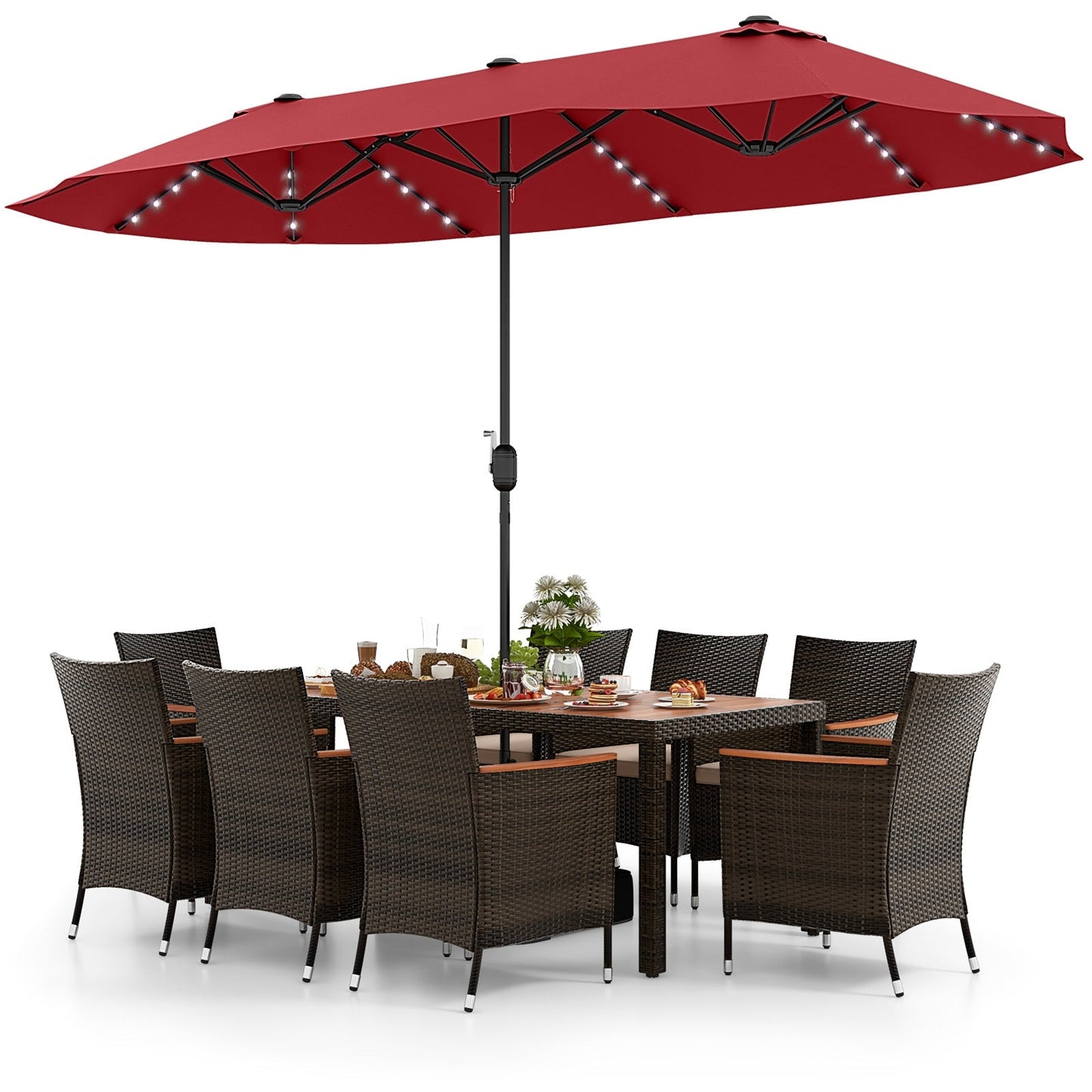 11 Pieces Patio Dining Set with 15 Feet Double-Sided Patio Umbrella and Base, Wine Patio Dining Sets   at Gallery Canada