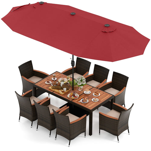 11 Pieces Patio Dining Set with 15 Feet Double-Sided Patio Umbrella and Base, Wine