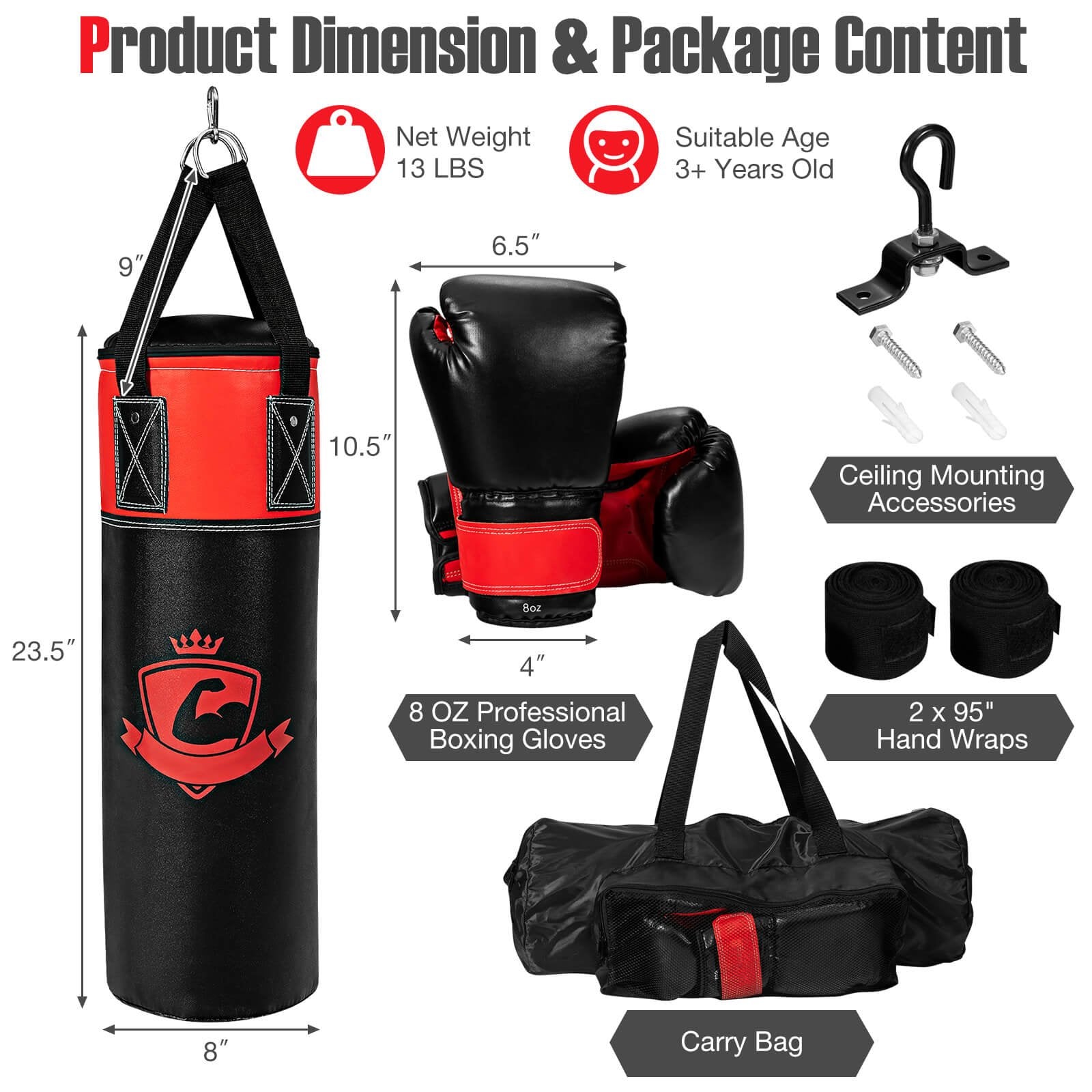 11 Pounds Kids Hanging Punching Bag Set with Punching Gloves, Black Boxing & Martial Arts   at Gallery Canada