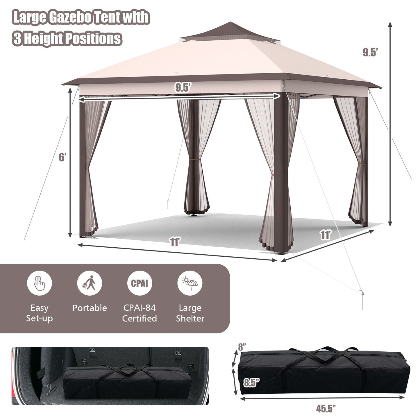 11 x 11 Feet 2-Tier Pop-Up Gazebo Tent Portable Canopy Shelter Carry Bag Mesh, Beige Gazebos   at Gallery Canada