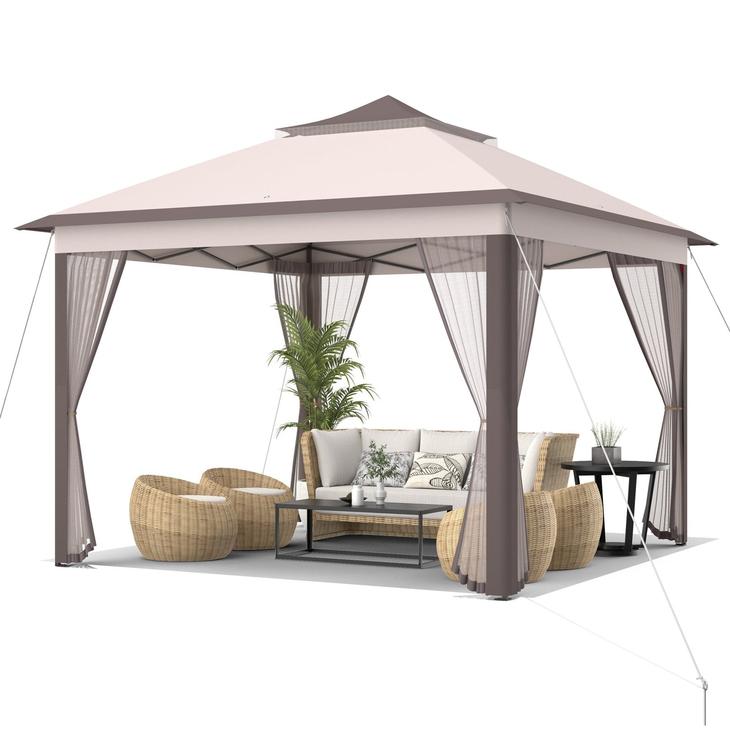 11 x 11 Feet 2-Tier Pop-Up Gazebo Tent Portable Canopy Shelter Carry Bag Mesh, Beige Gazebos   at Gallery Canada