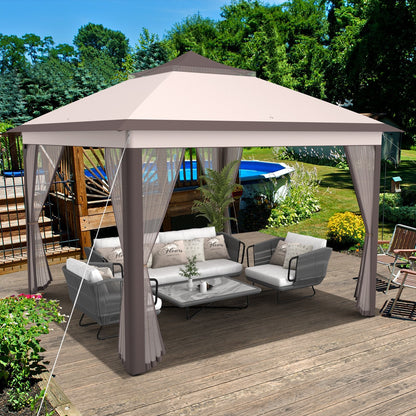 11 x 11 Feet 2-Tier Pop-Up Gazebo Tent Portable Canopy Shelter Carry Bag Mesh, Beige Gazebos   at Gallery Canada