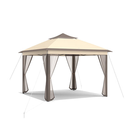 11 x 11 Feet 2-Tier Pop-Up Gazebo Tent Portable Canopy Shelter Carry Bag Mesh, Brown Gazebos   at Gallery Canada