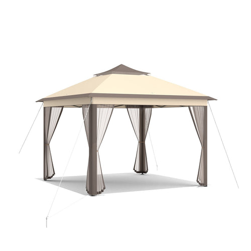 11 x 11 Feet 2-Tier Pop-Up Gazebo Tent Portable Canopy Shelter Carry Bag Mesh, Brown