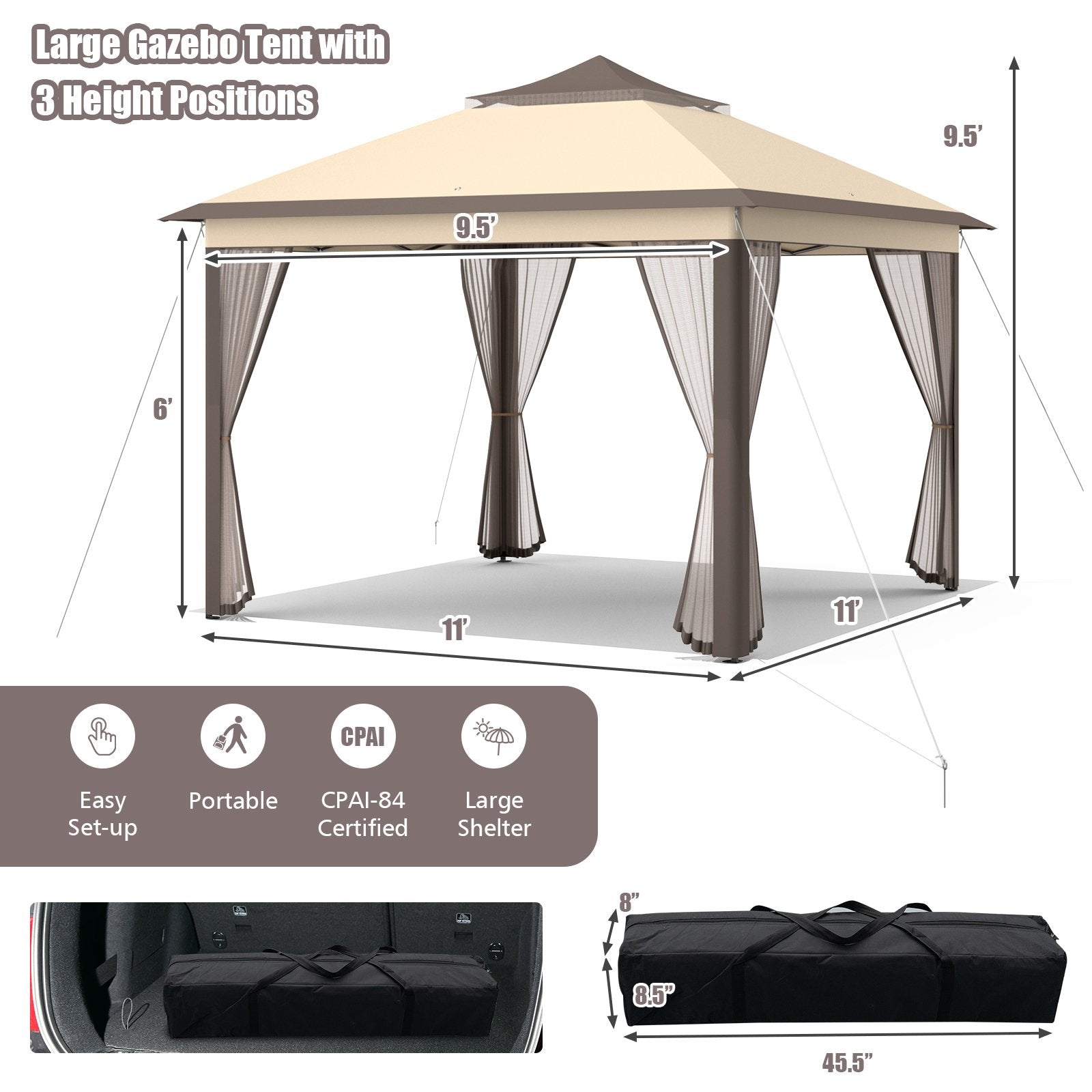 11 x 11 Feet 2-Tier Pop-Up Gazebo Tent Portable Canopy Shelter Carry Bag Mesh, Brown Gazebos   at Gallery Canada