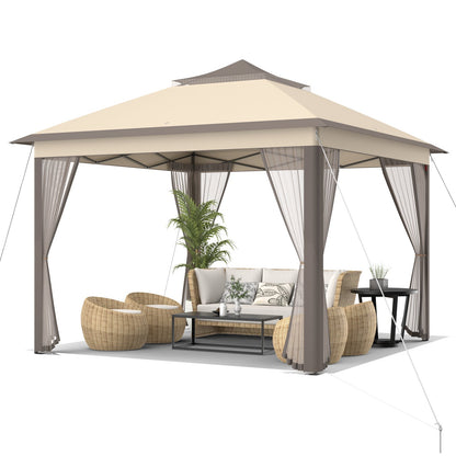 11 x 11 Feet 2-Tier Pop-Up Gazebo Tent Portable Canopy Shelter Carry Bag Mesh, Brown Gazebos   at Gallery Canada