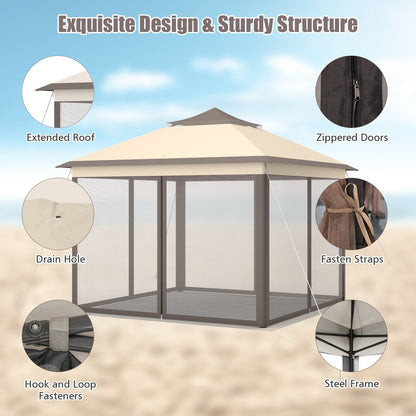 11 x 11 Feet 2-Tier Pop-Up Gazebo Tent Portable Canopy Shelter Carry Bag Mesh, Brown Gazebos   at Gallery Canada