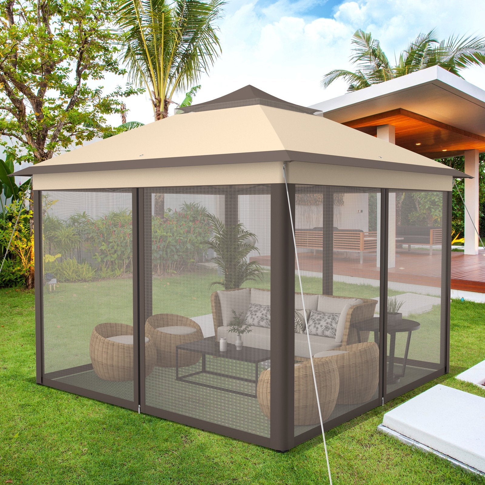 11 x 11 Feet 2-Tier Pop-Up Gazebo Tent Portable Canopy Shelter Carry Bag Mesh, Brown Gazebos   at Gallery Canada