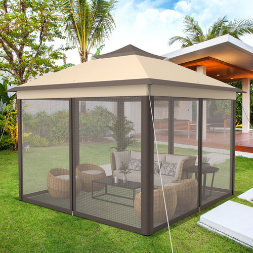 11 x 11 Feet 2-Tier Pop-Up Gazebo Tent Portable Canopy Shelter Carry Bag Mesh, Brown