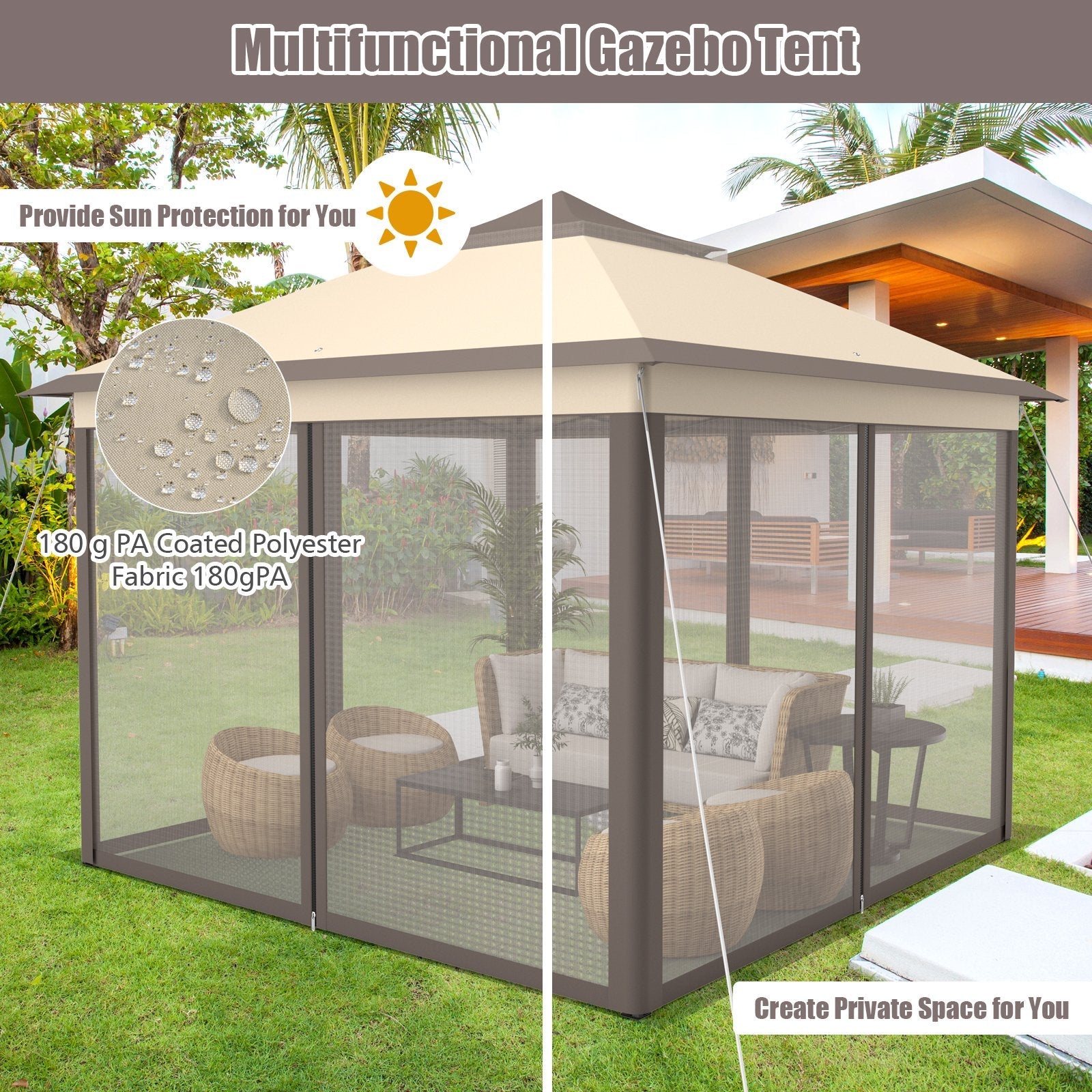 11 x 11 Feet 2-Tier Pop-Up Gazebo Tent Portable Canopy Shelter Carry Bag Mesh, Brown Gazebos   at Gallery Canada