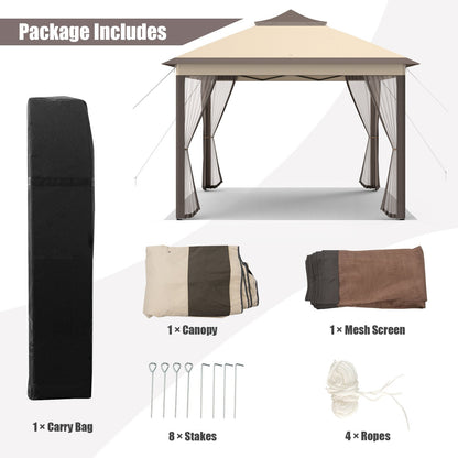 11 x 11 Feet 2-Tier Pop-Up Gazebo Tent Portable Canopy Shelter Carry Bag Mesh, Brown Gazebos   at Gallery Canada