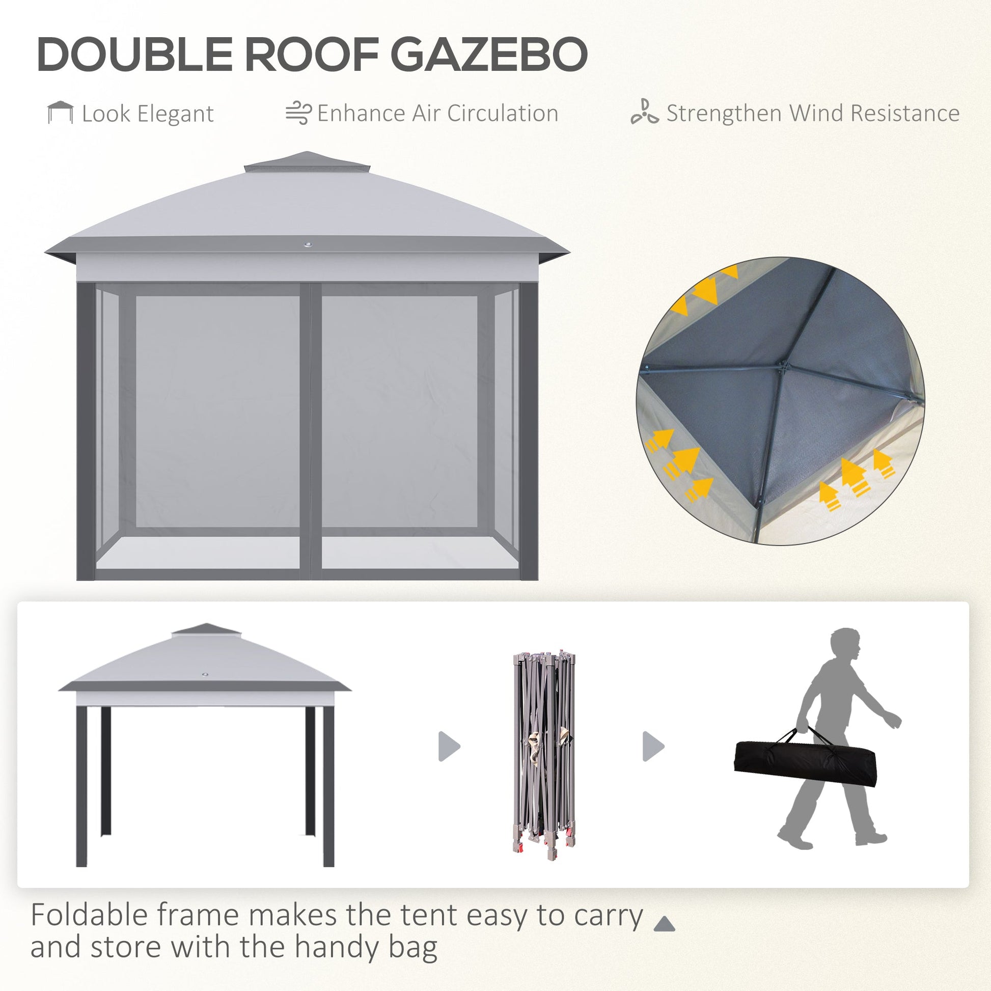 11' x 11' Double Roof Pop Up Gazebo with Mesh Walls and Carry Bag, Gray Pop Up Canopies   at Gallery Canada